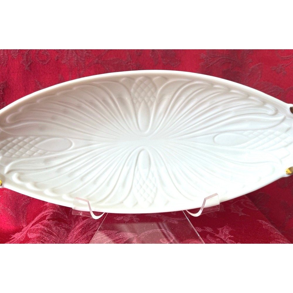 Lenox Monaco White Porcelain Embossed Oblong Serving Dish 24k Gold Handles USA - Picture 4 of 9